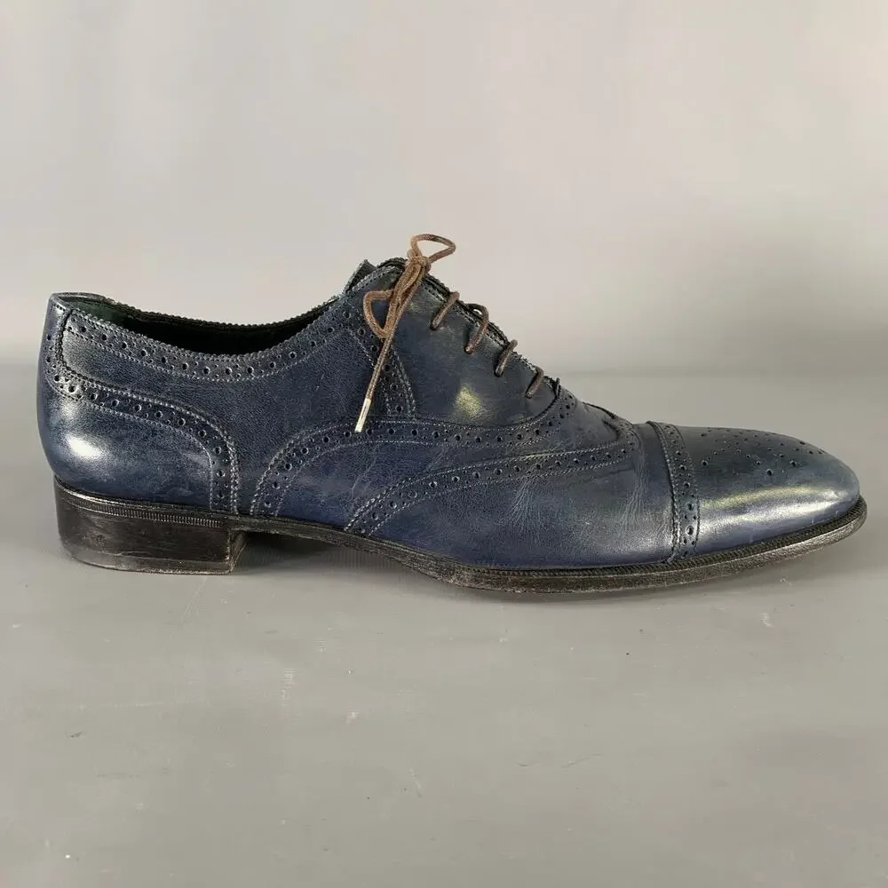 YVES SAINT LAURENT Size 9 Navy Wingtip Leather Cap Toe Lace Up Shoes